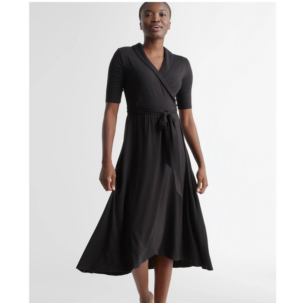Quince Tencel Jersey Midi Wrap Dress Black Shawl Collar Short Sleeve L DKBIZ01